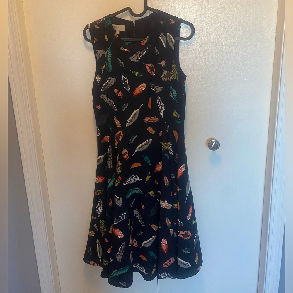 HOBBS London Aideen Navy Feather Print A-Line Swing Dress - Size US4/EU36